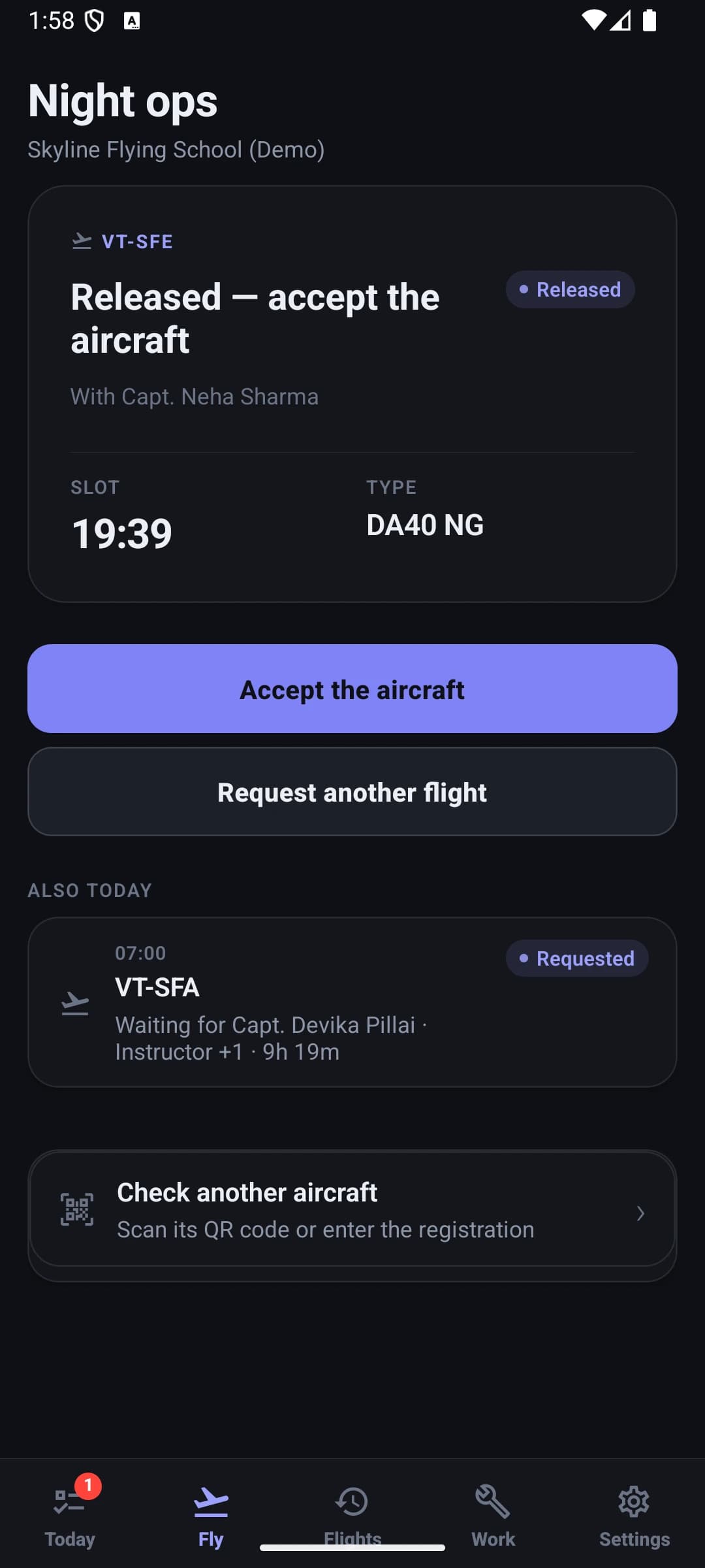 The Fleet phone app's Fly tab: a released flight for VT-SFE with the instructor's name, slot and aircraft type, and “Accept the aircraft” as the primary action.