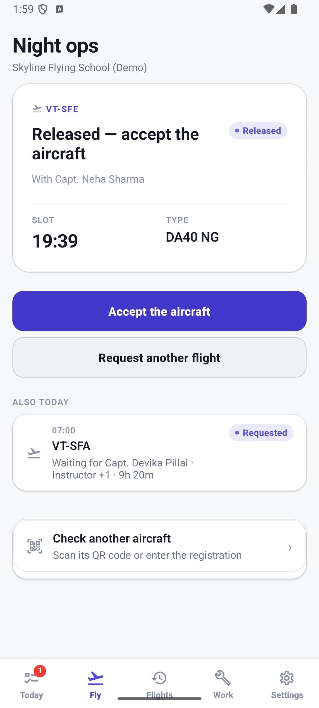 The Fleet phone app's Fly tab: a released flight for VT-SFE with the instructor's name, slot and aircraft type, and “Accept the aircraft” as the primary action.