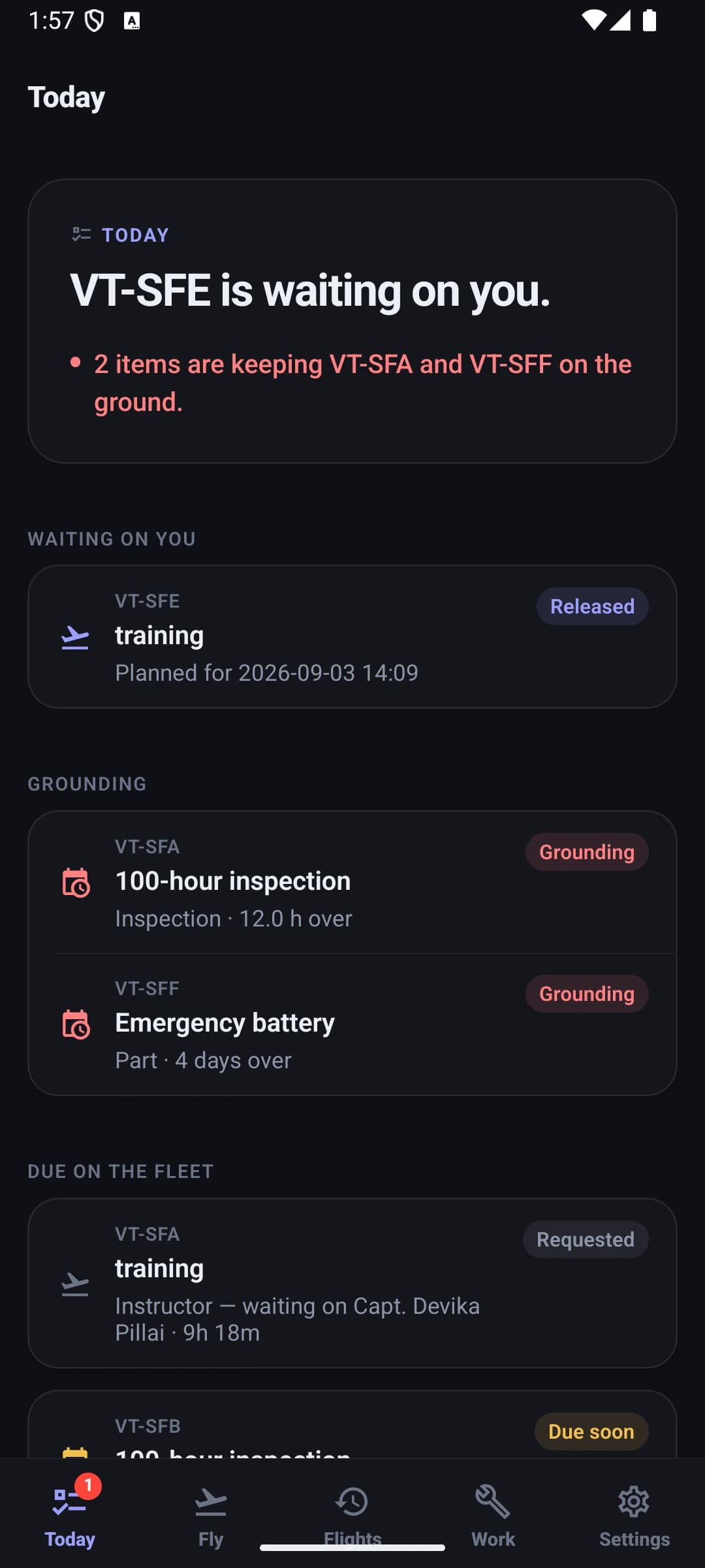 The Fleet phone app's Today screen showing the same sentence and counts as the web app, with the waiting, grounding and due groups beneath.