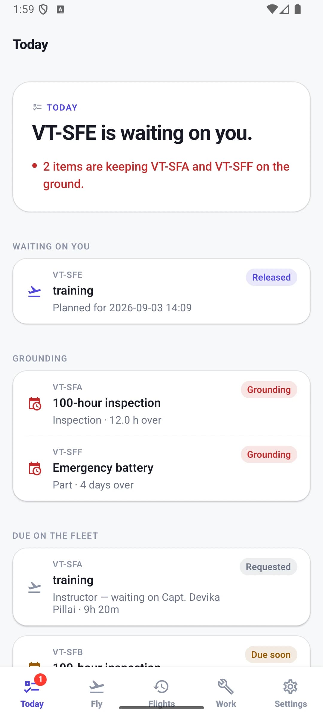 The Fleet phone app's Today screen showing the same sentence and counts as the web app, with the waiting, grounding and due groups beneath.