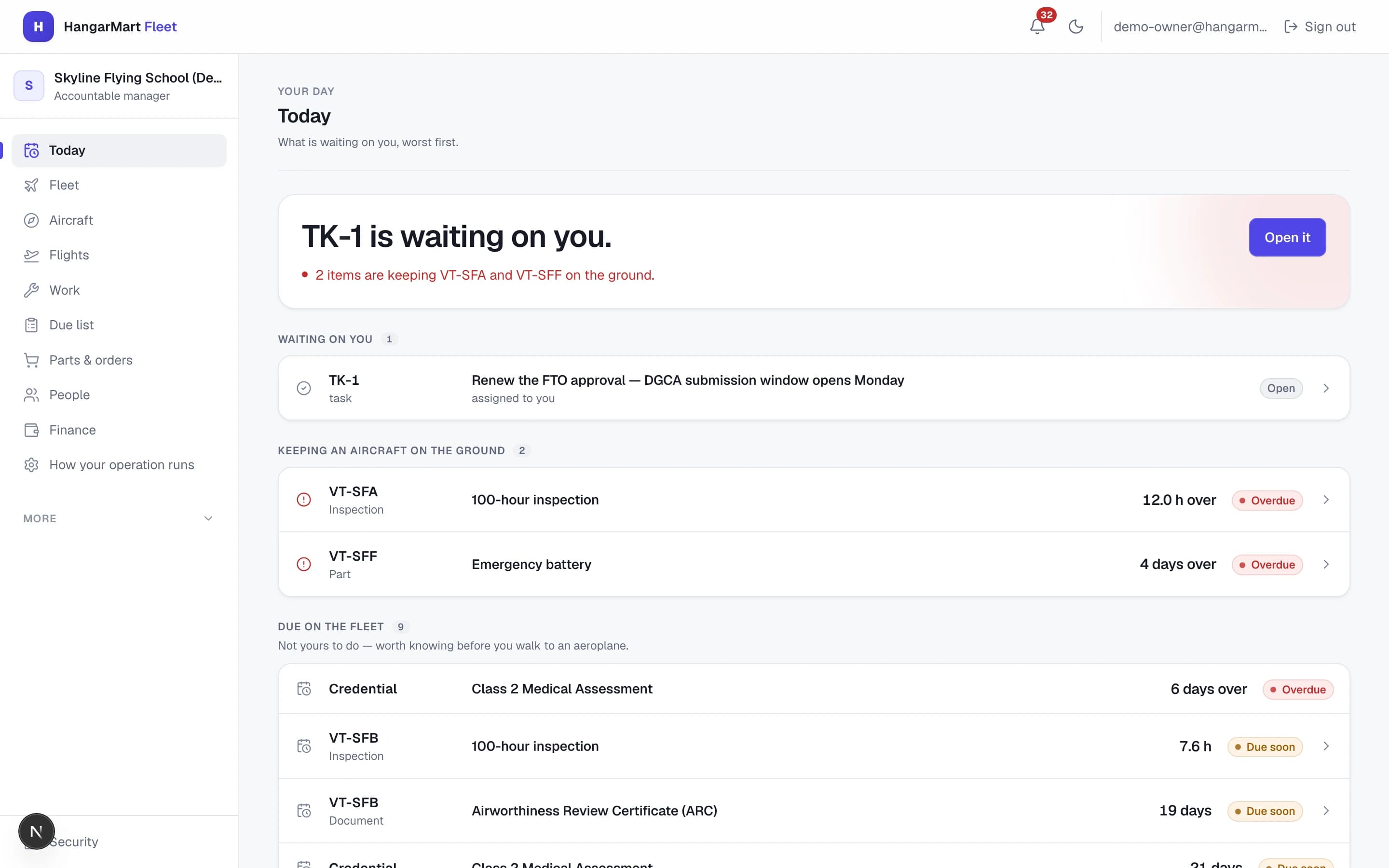 The Fleet product's Today screen: “1 thing is waiting on you · 2 items are keeping an aircraft on the ground.” with counts for what is on you, on the ground and due, above the grounding and due lists.
